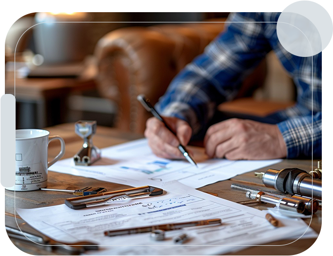 A person writing on paper with some tools in front of them.